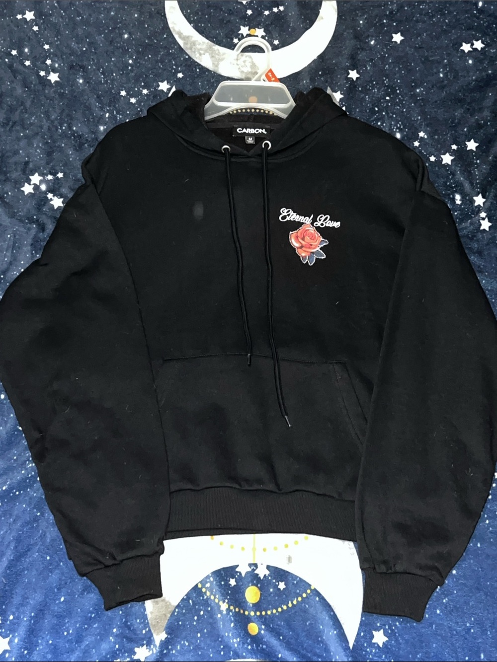 Carbon Black Pullover Hoodie with Red Rose Patch